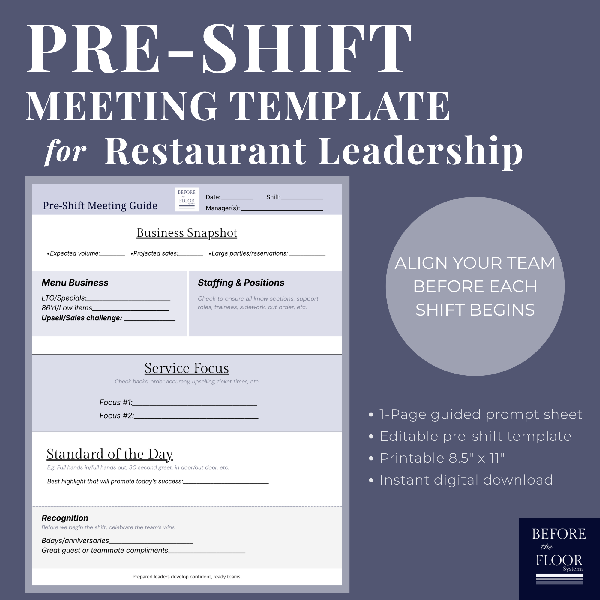 Pre-Shift Meeting Planner for Restaurant Managers